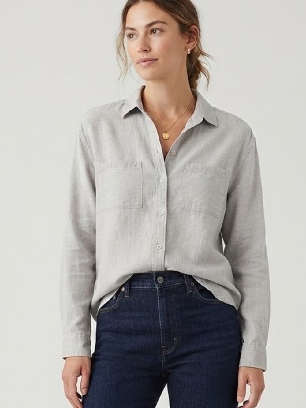 Roots Light Gray Button-Down Brushed Cotton / Rayon Shirt